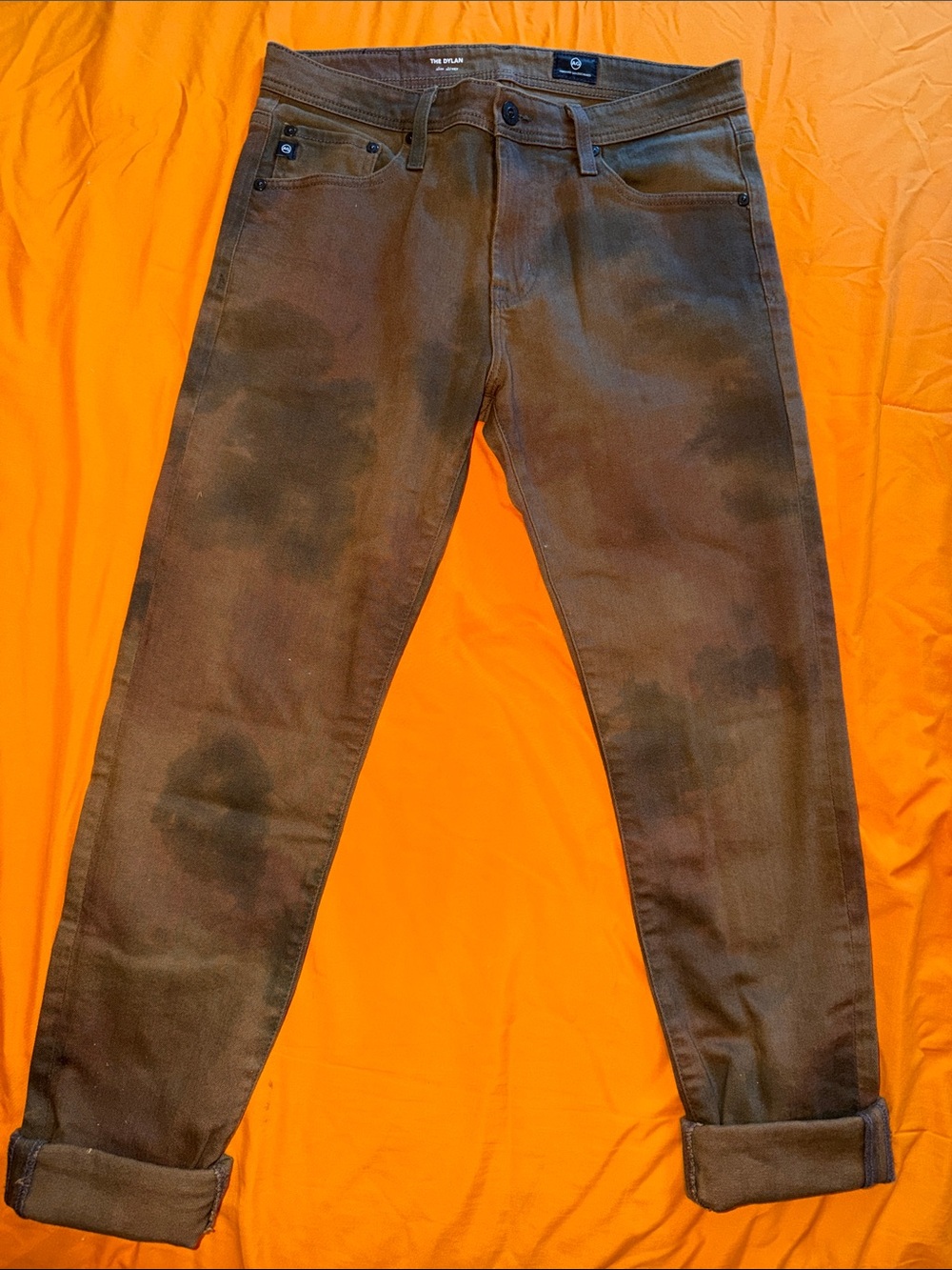 AG The Dylan Jeans 32x34 Mottled Brown Black Olive Tie Dye Slim Stretch